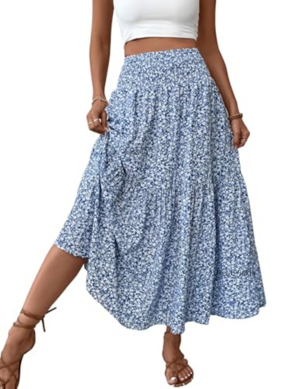 Smocked High Waist Maxi Skirt Casual Boho Long Skirt with Pockets